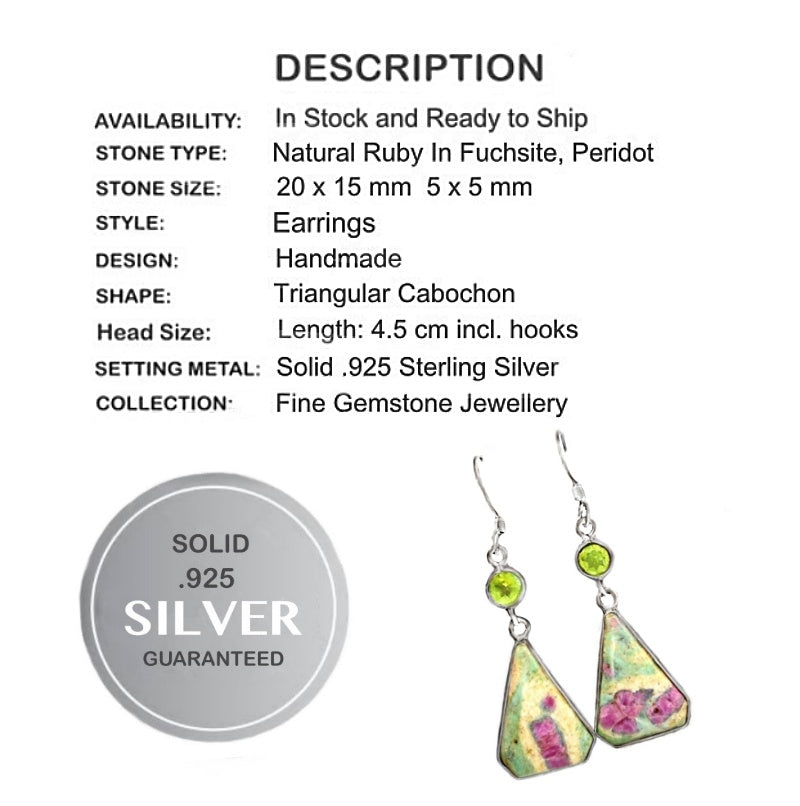 Natural Ruby In Fuschite, Peridot In Solid .925 Sterling Silver Earrings Set