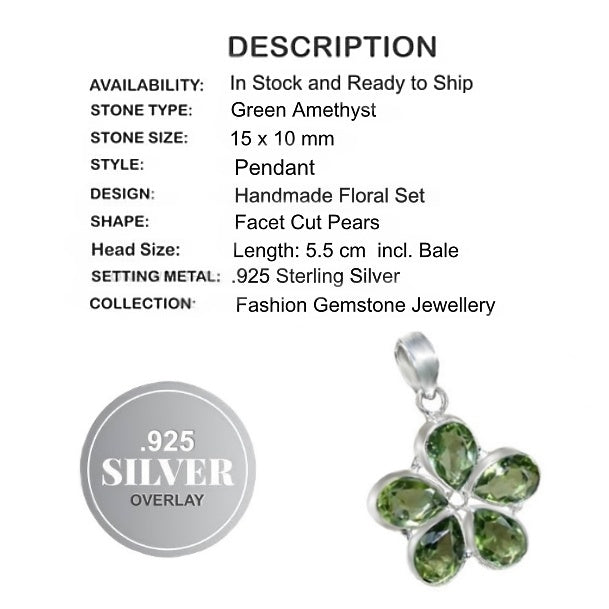 Handmade Floral Green Amethyst Pears .925 Silver Pendant