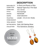 Natural Tigers Eye, Fire Opal Solid .925 Sterling Silver Earrings