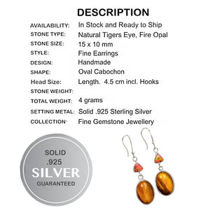 Natural Tigers Eye, Fire Opal Solid .925 Sterling Silver Earrings