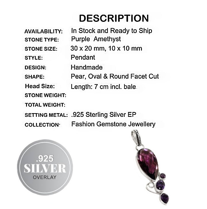 Pear Shape Faceted Purple Amethyst Gemstone .925 Silver Pendant