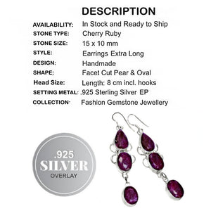 Extra Long Indian Cherry Red Ruby, Earrings Set in .925 Silver