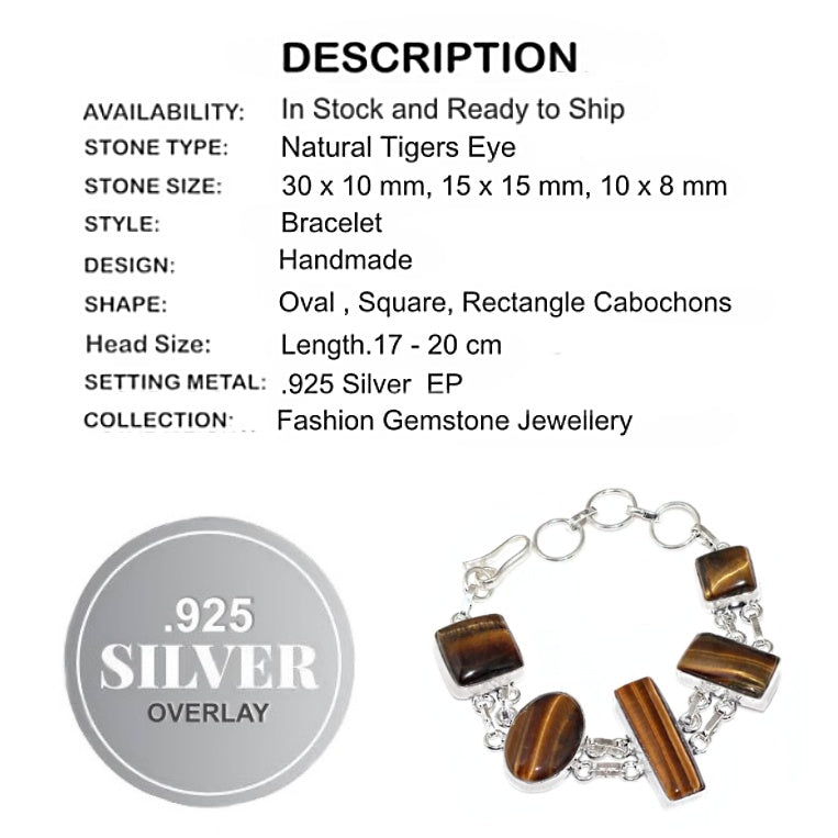 Natural Tigers Eye Mixed Shapes Gemstone  .925 Sterling Silver Bracelet