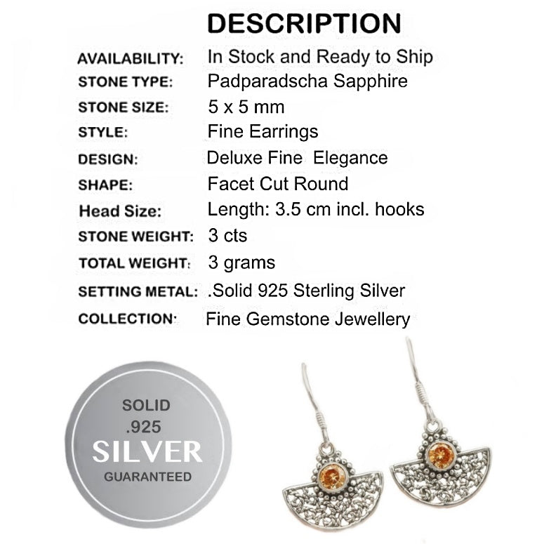 3 cts Padparadscha Sapphire Gemstone Solid .925 Sterling Silver Earrings