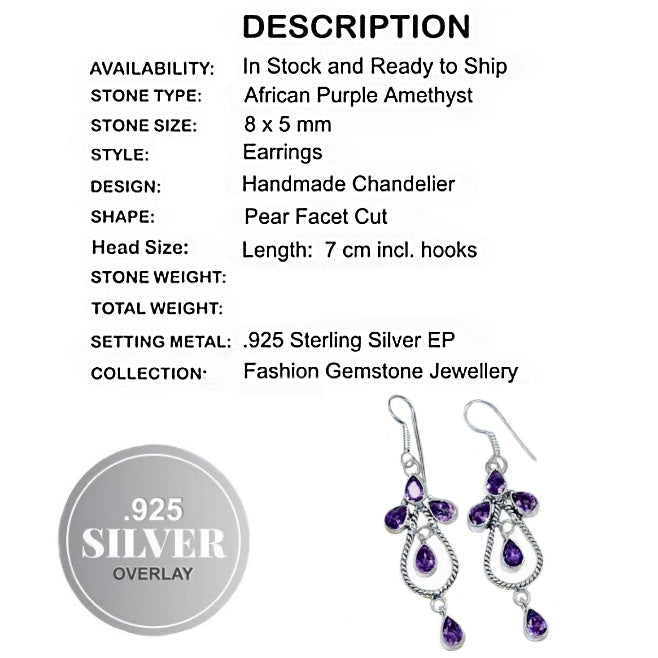 Handmade Chandelier Style Purple Amethyst Drop Dangle .925 Silver Earrings