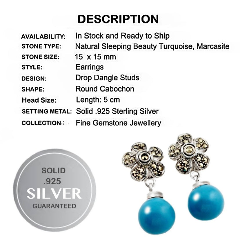 Natural Sleeping Beauty Turquoise Gemstone Solid .925 Sterling Silver Marcasite Earrings