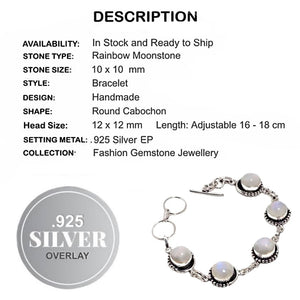 Natural Rainbow Moonstone Gemstone .925 Silver Bracelet