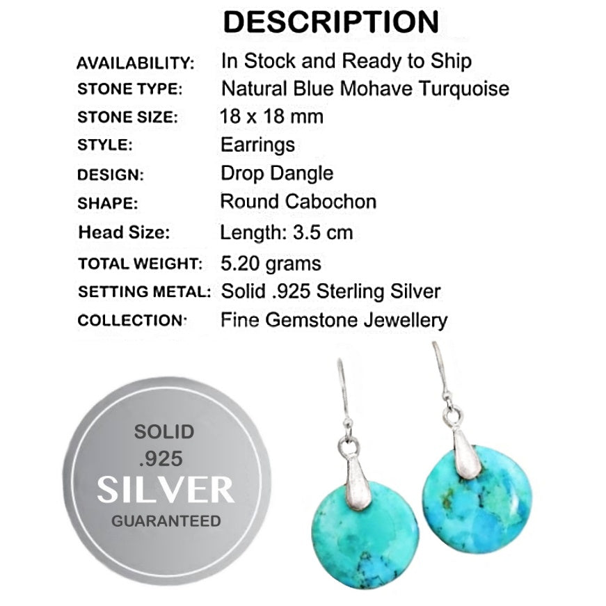 Natural Blue Mohave Turquoise Gemstone Solid .925 Sterling Silver Earrings