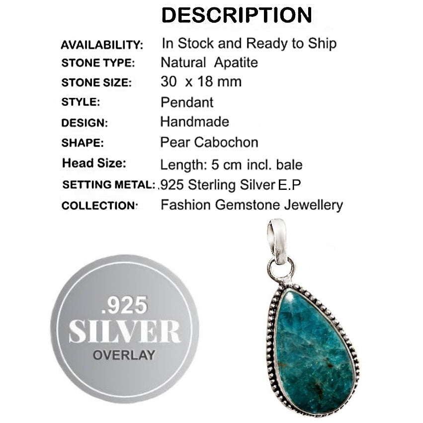 Natural Blue Apatite Gemstone .925 Silver Pendant