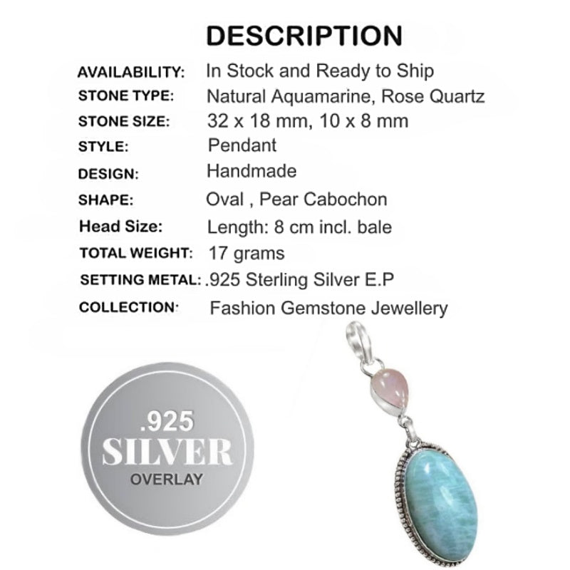 Handmade Natural Aquamarine, Rose Quartz Gemstone .925 Sterling Silver Pendant