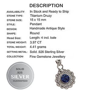 Antique Style Titanium Druzy In Solid 925 Sterling Silver Pendant