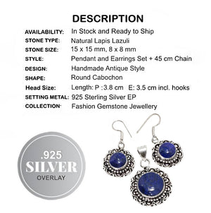 Natural Lapis Lazuli Gemstone .925 Silver Pendant and Earrings Set