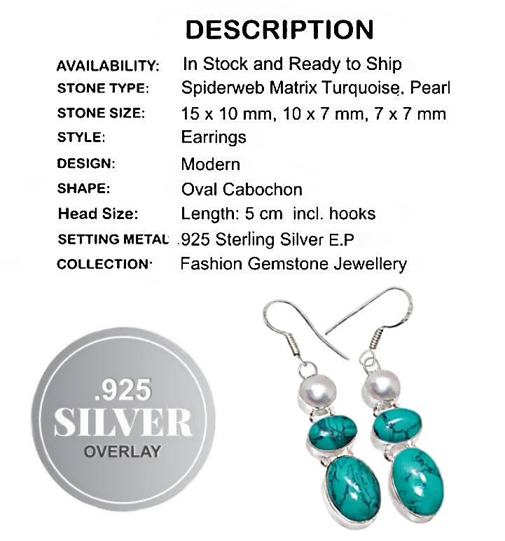 Spiderweb Matrix Turquoise, White River Pearl Gemstone .925 Sterling Silver Earrings