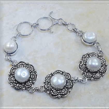 Handmade White Pearl . 925 Sterling Silver Bracelet - BELLADONNA