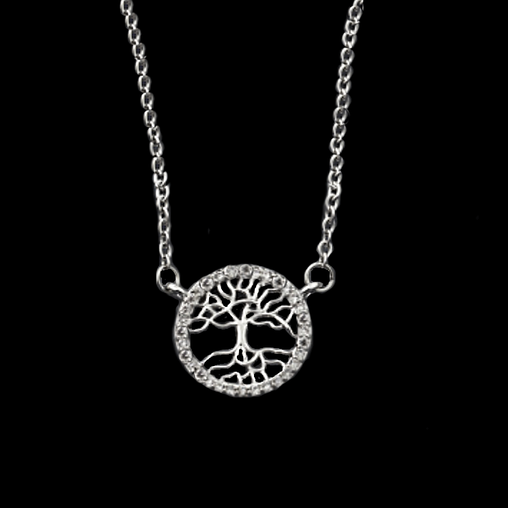Dainty Tree of Life  with White Cubic Zirconia Pendant Necklace in Silver or Gold - BELLADONNA