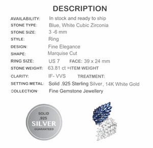 63,81 Cts Top Grade Blue & White C/ Zirconia Solid 925 Silver Ring Sz 7 - BELLADONNA