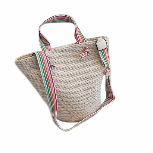 Large Capacity Straw Bag With Candy Stripe Shoulder Strap and Handles - BELLADONNA