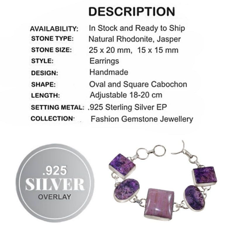 Natural Rhodonite, Jasper Gemstone .925 Silver Bracelet