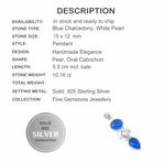 10.16cts Natural Blue Chalcedony, Pearl Solid .925 Sterling Silver Pendant - BELLADONNA