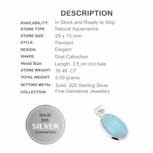 16.48 ct Natural Aquamarine Gemstone Solid .925 Sterling Silver Pendant - BELLADONNA
