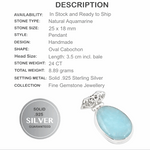24 ct Natural Aquamarine Gemstone Solid .925 Sterling Silver Pendant - BELLADONNA