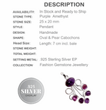 Arty Natural Purple Amethyst Gemstone Setting .925 Sterling Silver Pendant - BELLADONNA