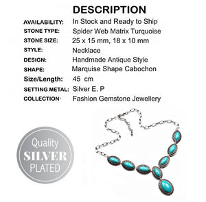 Handmade Spiderweb Matrix Turquoise Gemstone Silver Plated Necklace