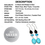 Handmade Black Onyx, Blue Topaz, Turquoise Gemstone .925 Sterling Silver Earrings
