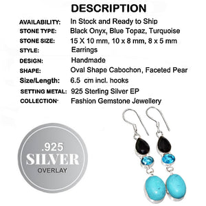 Handmade Black Onyx, Blue Topaz, Turquoise Gemstone .925 Sterling Silver Earrings
