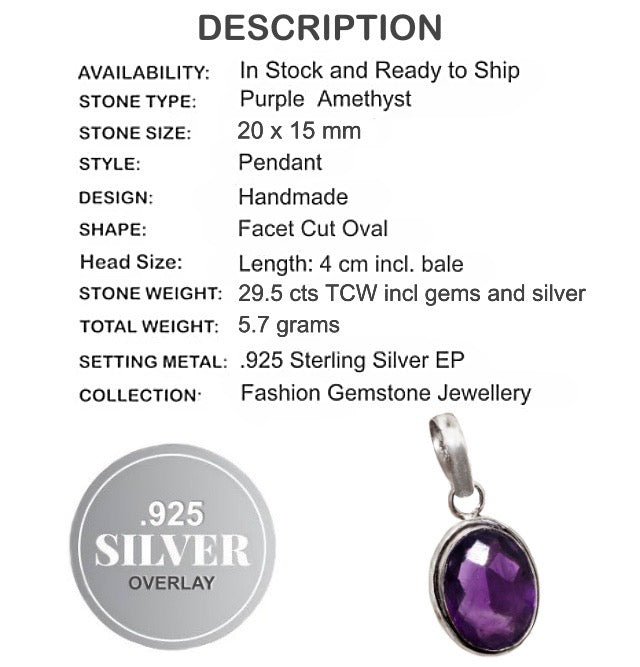 Handmade Faceted Purple Amethyst Oval Gemstone .925 Silver Pendant - BELLADONNA