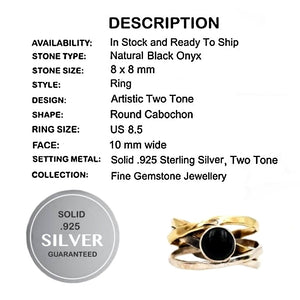 Two Tone Natural Black Onyx Solid .925 Silver Ring Size US 8.5