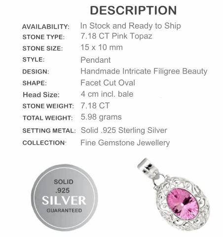 7.18 Cts Pink Topaz Gemstone Solid .925 Silver Pendant - BELLADONNA