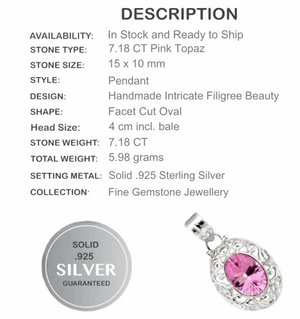 7.18 Cts Pink Topaz Gemstone Solid .925 Silver Pendant - BELLADONNA