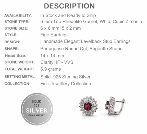 6mm Top Natural Rhodolite Garnet, Baguette Cubic Zirconia Solid .925 Sterling Silver Earrings - BELLADONNA