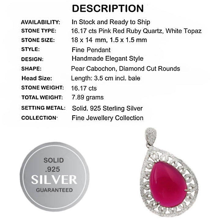 16.17 cts  Pink Red Ruby Quartz & Natural White Topaz .925 Solid Sterling Silver Pendant + Free Chain