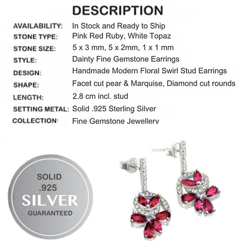 Dainty Pink Red Ruby & White Topaz Solid .925 Sterling Silver