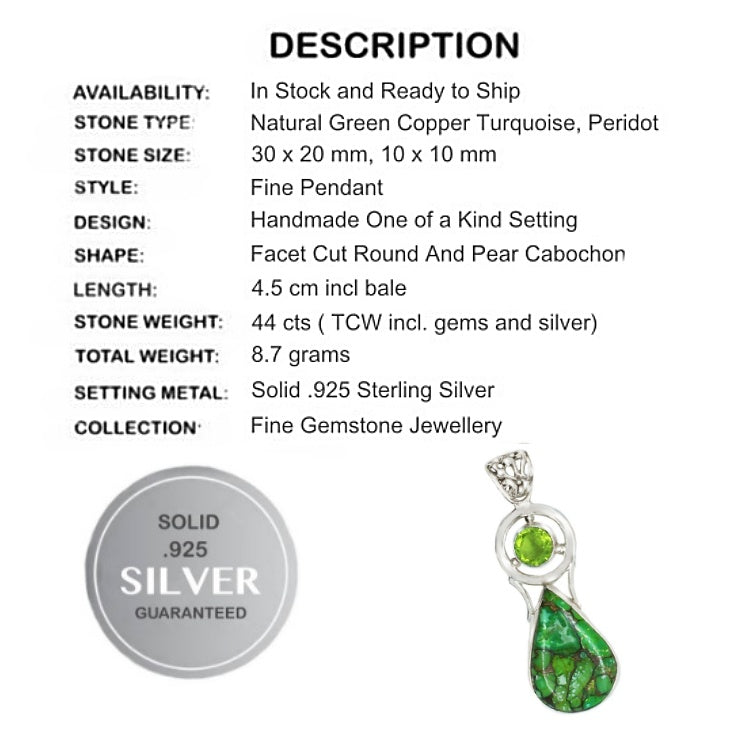 Natural Copper Green Turquoise And Peridot Pendant In Solid 925 Sterling Silver
