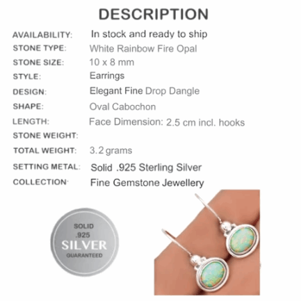 Australian White Fire Opal Gemstone Solid .925 Sterling Silver Earrings - BELLADONNA