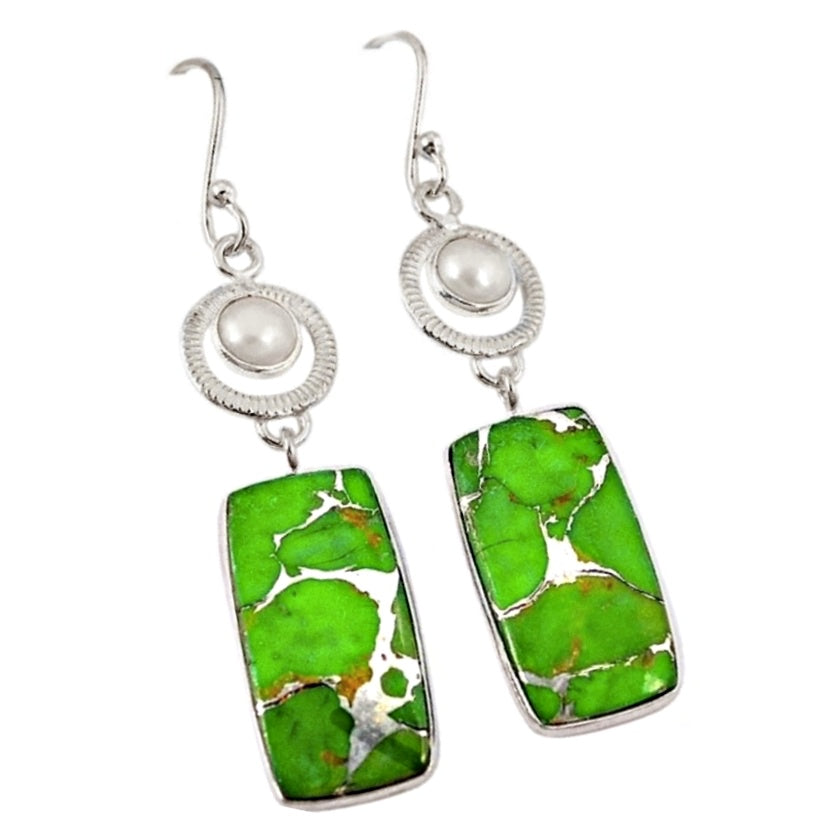 14.72 ct Natural Copper Green Turquoise,Pearl Earrings Solid .925 Sterling Silver
