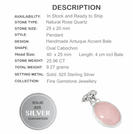 25.96 cts Natural Rose Quartz Solid.925 Sterling Silver Pendant - BELLADONNA