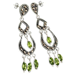 Natural Unheated Peridot, Swiss Marcasite Solid .925 Sterling Silver Stud Earrings