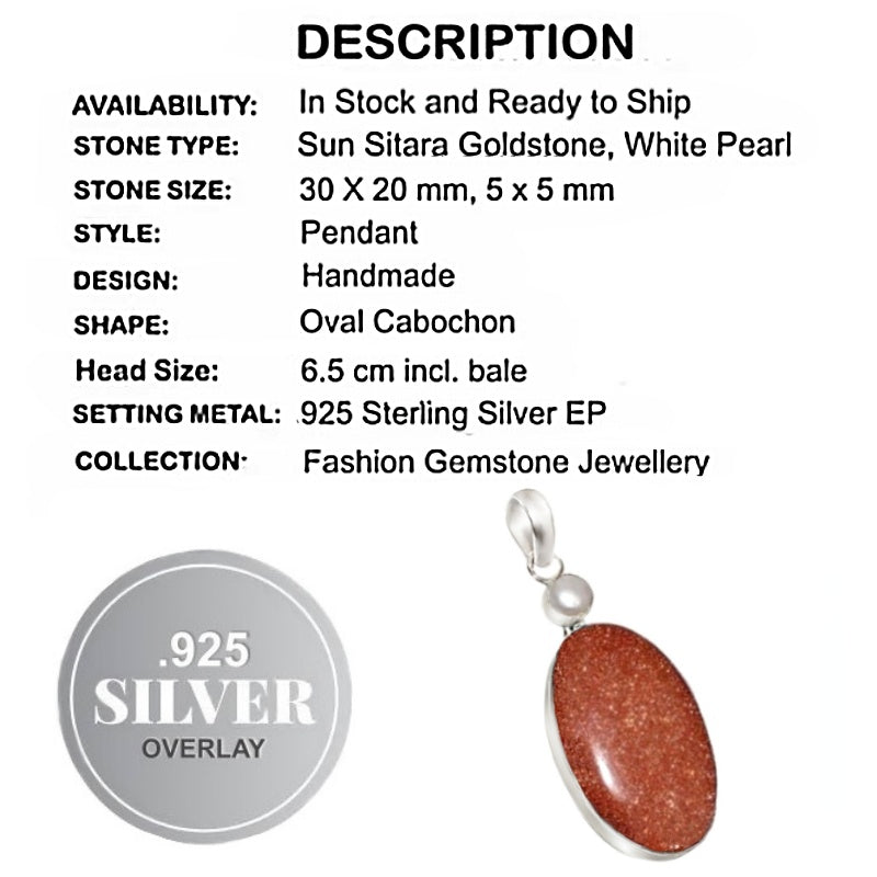 Shimmery Goldstone Sun Sitara, Pearl set in .925 Sterling Silver Pendant