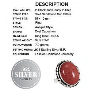 Shimmery Goldstone Sun Sitara set in .925 Sterling Silver Ring Size US 8.5