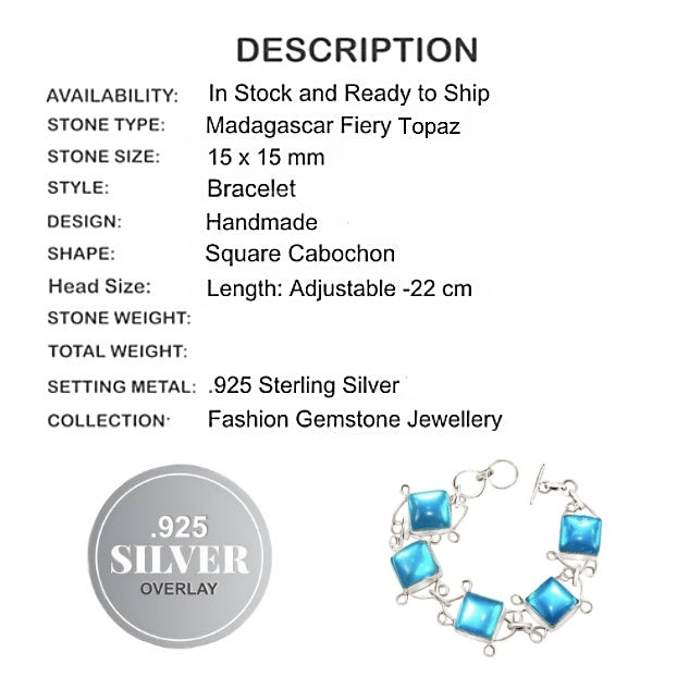 Aqua Madagascar Fiery Topaz Gemstone .925 Sterling Silver Plated Bracelet