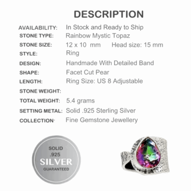 5.4 gms Rainbow Mystic Topaz Gemstone Ring In Solid .925 Sterling Silver US Size 8 - BELLADONNA