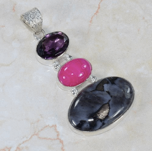 Natural Indigo Gabrro, Botswana Agate and Purple Amethyst Gemstone .925 Sterling Silver Pendant