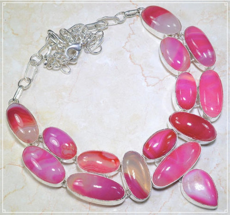 Natural Pink Botswana Lace Agate Mixed Shape Gemstone .925 Sterling Silver Necklace