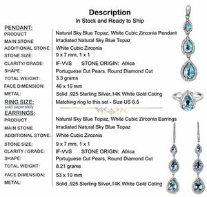 Authentic Natural AAA Sky Blue Topaz, White Cubic Zirconia Solid .925 Sterling Silver Set - BELLADONNA
