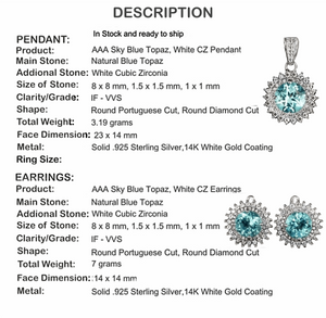 Breathtaking Natural AAA Sky Blue Topaz, White Cubic Zirconia Solid .925 Sterling Silver Set - BELLADONNA