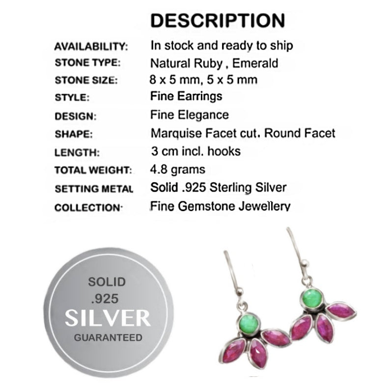 Natural Ruby Emerald Marquise Gemstone Solid .925 Sterling Silver Earrings